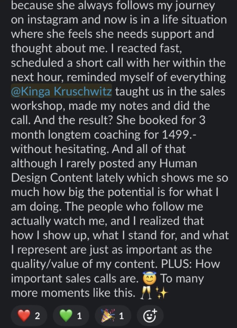 Client testimonial — €1,499 coaching sale after Kinga's sales workshop